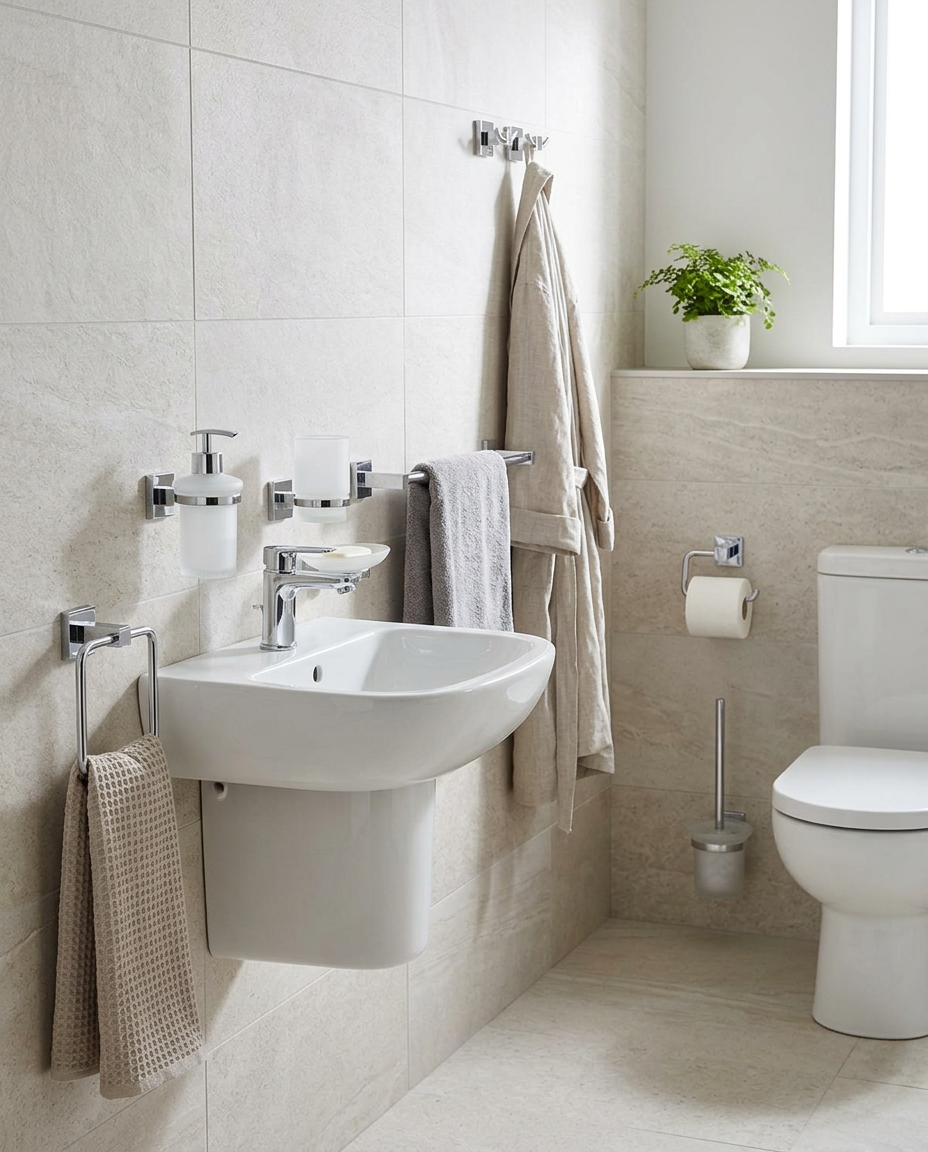 Purita Bathroom Accessories in a bright modern bathroom