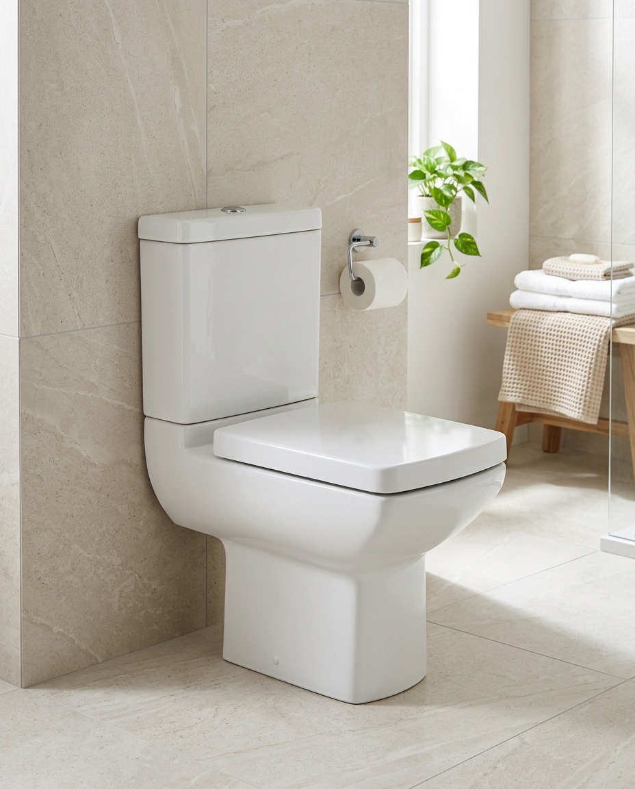 Purita Close Coupled Toilet in a bright modern bathroom