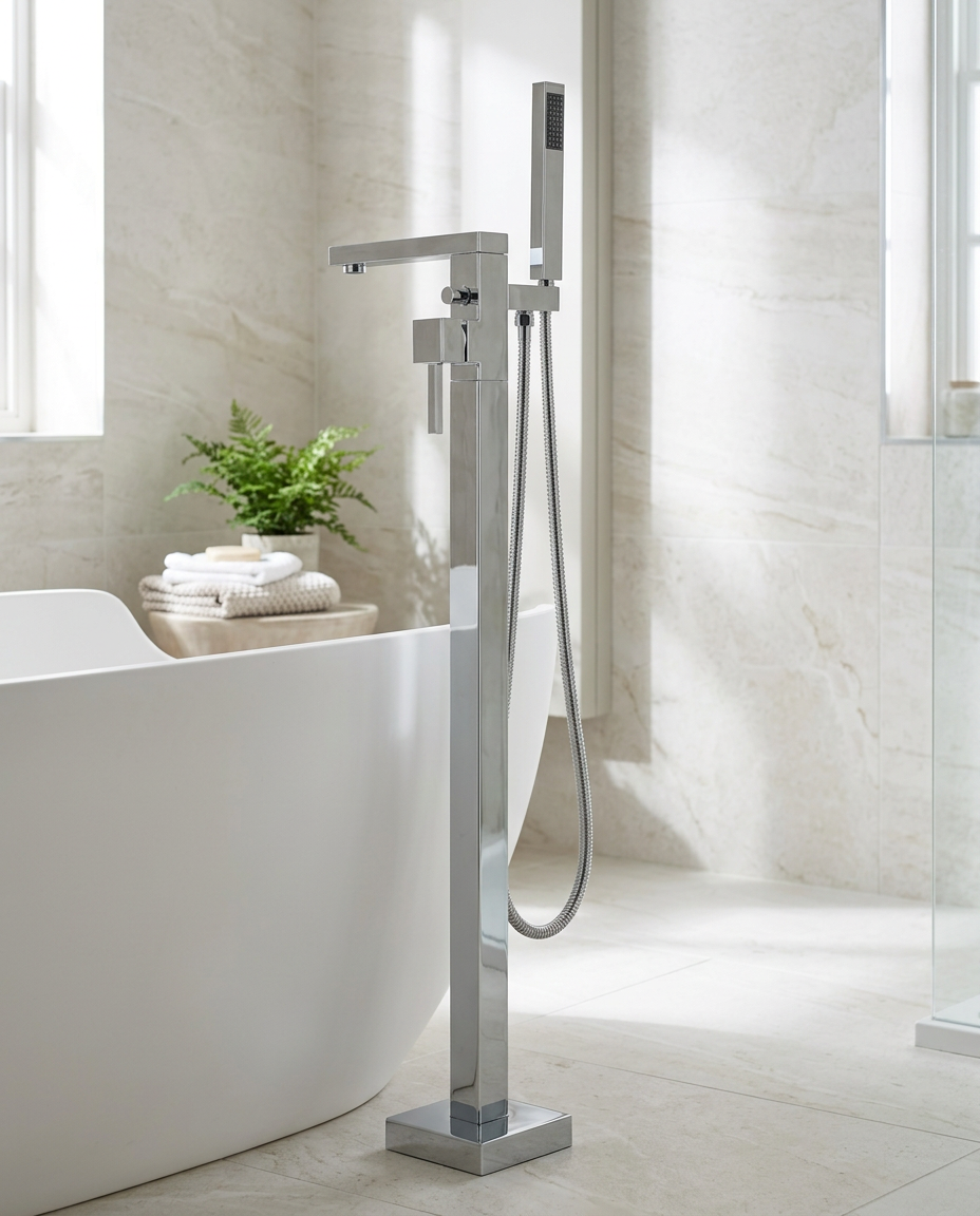 Purita Freestanding Bath Shower Mixer in a bright modern bathroom