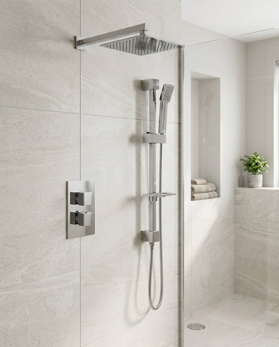 Purita Thermostatic Shower Sets & Valves in a bright modern bathroom