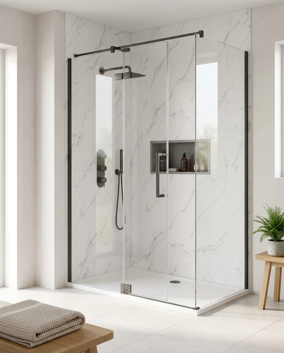 PVC Shower Wall Panel, 2400 x 1000mm in a bright modern bathroom