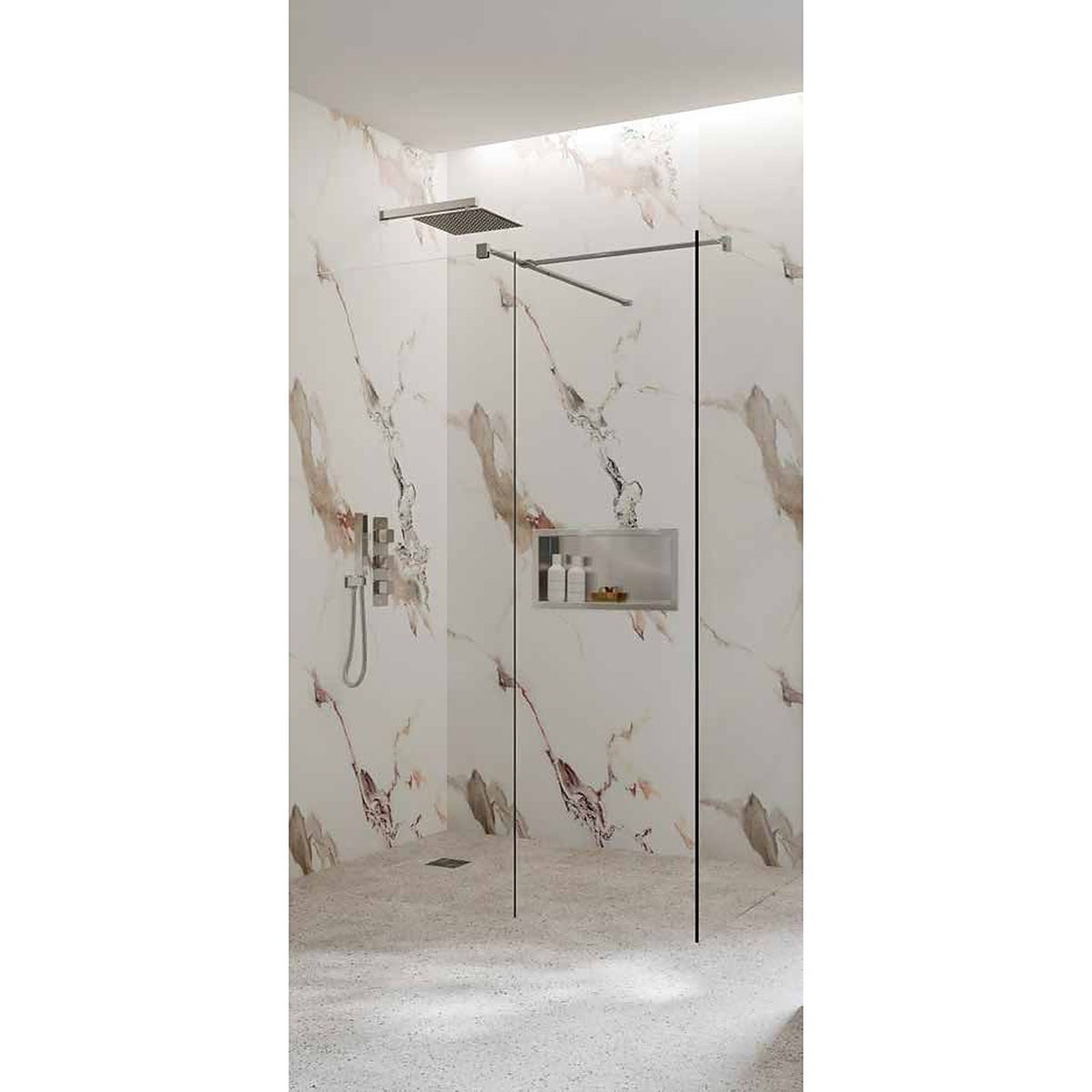 Carrara bronze PVC wall panels in a walk-in shower
