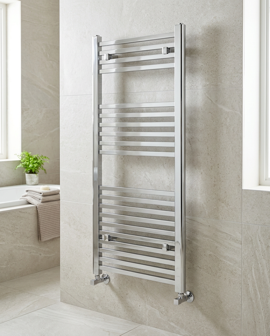 Quadra Chrome Heated Towel Rail in a bright modern bathroom