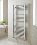 Quadra Chrome Heated Towel Rail in a bright modern bathroom