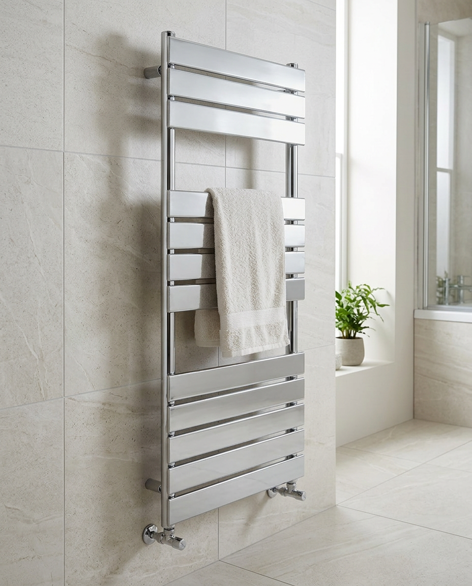 Quanta Flat Panel Towel Radiator in a bright modern bathroom