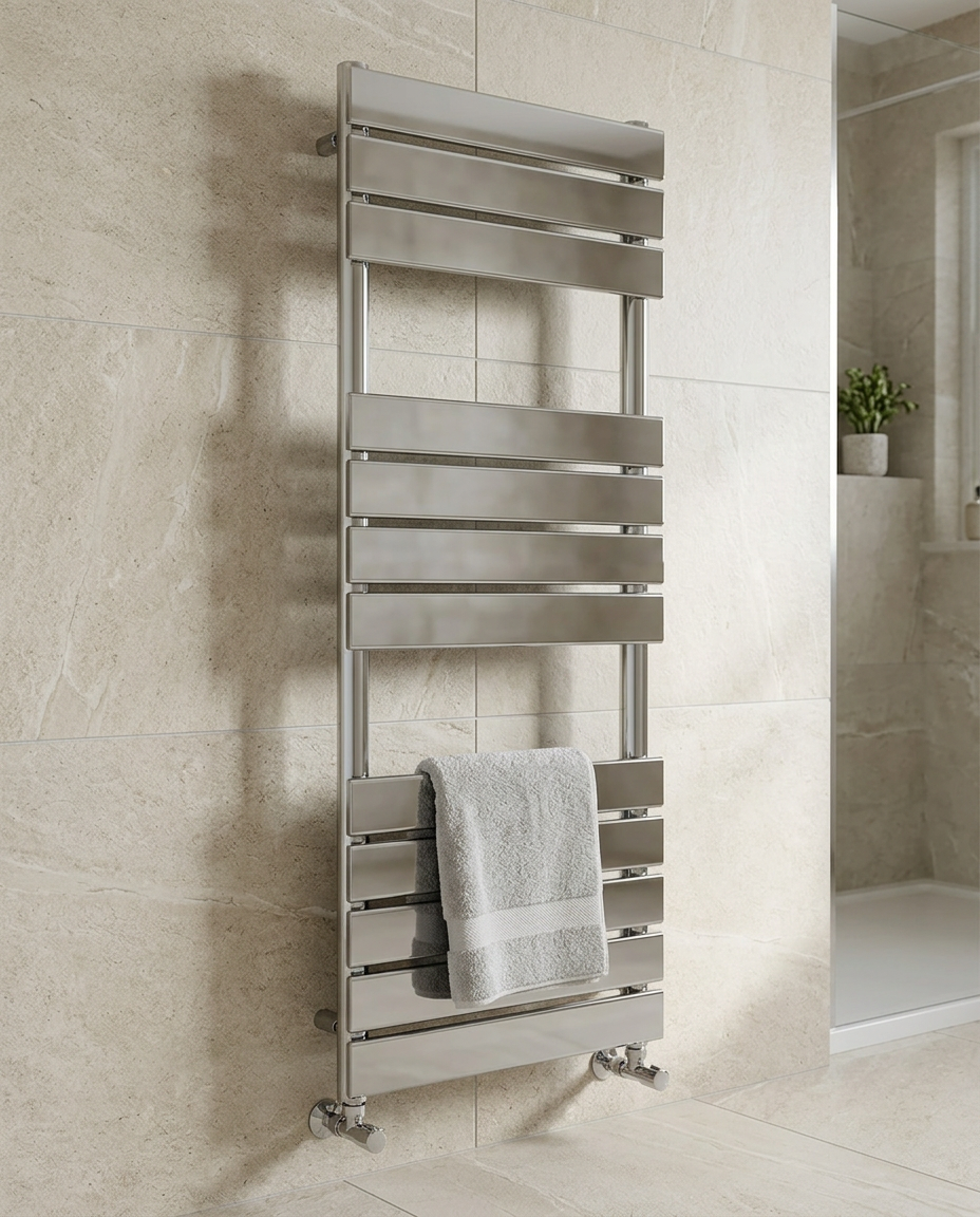 Quanta Flat Panel Towel Radiator with Valves in a bright modern bathroom