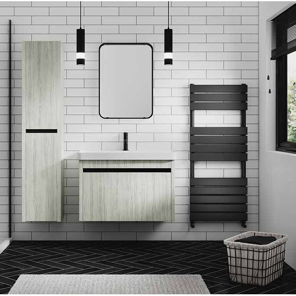 Quanta flat panel towel radiator in black in a tiled bathroom