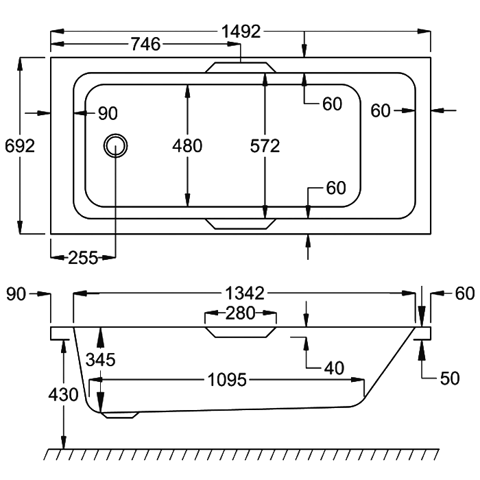 Carron Eco Integra Twin Grip Single Ended Bath, technical drawing