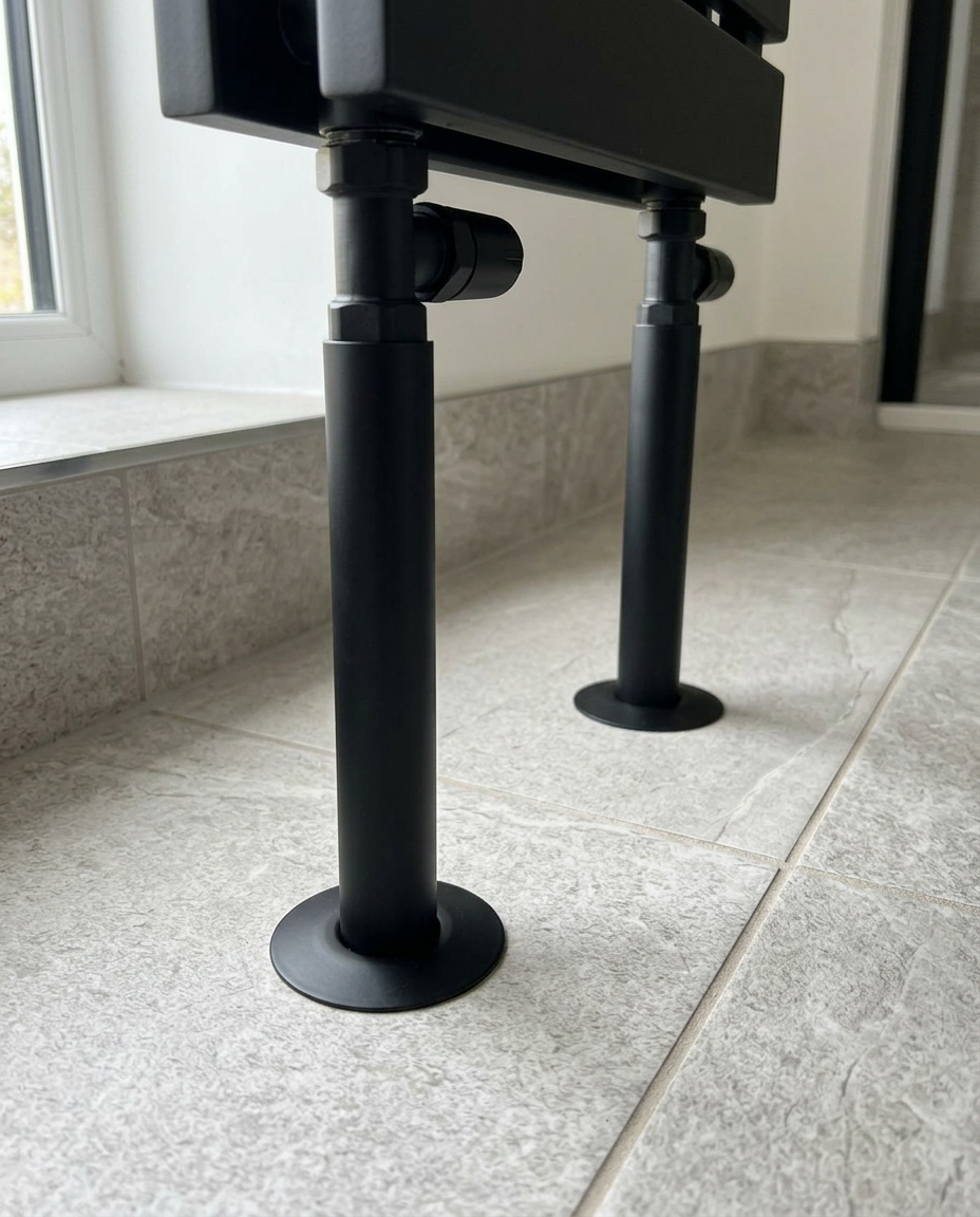Radiator Pipe Shrouds in a bright modern bathroom
