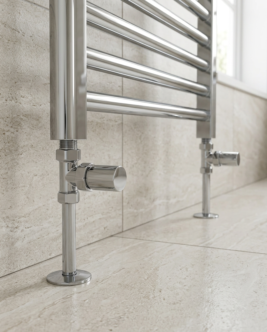 Radiator Valves (Pair) in a bright modern bathroom