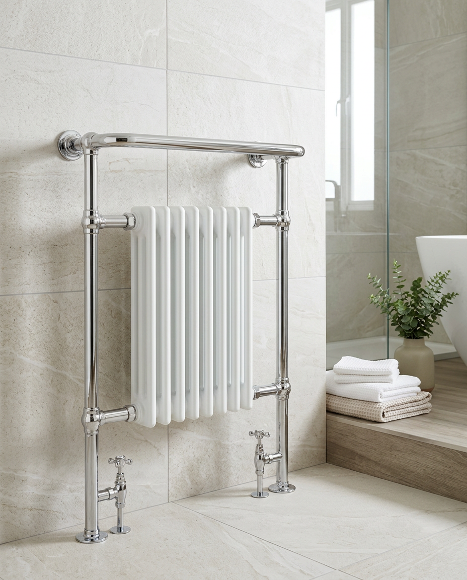 Regal Heated Towel Rail in a bright modern bathroom