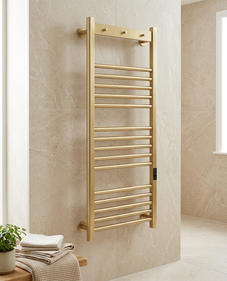 Ridley Electric Heated Towel Rail, brushed brass in a bright modern bathroom