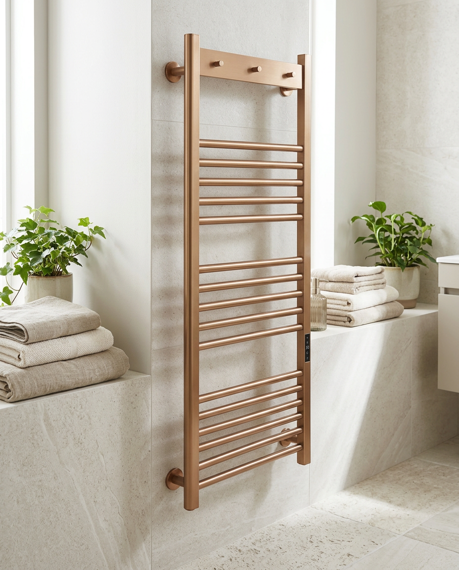 Ridley Electric Heated Towel Rail, brushed bronze in a bright modern bathroom