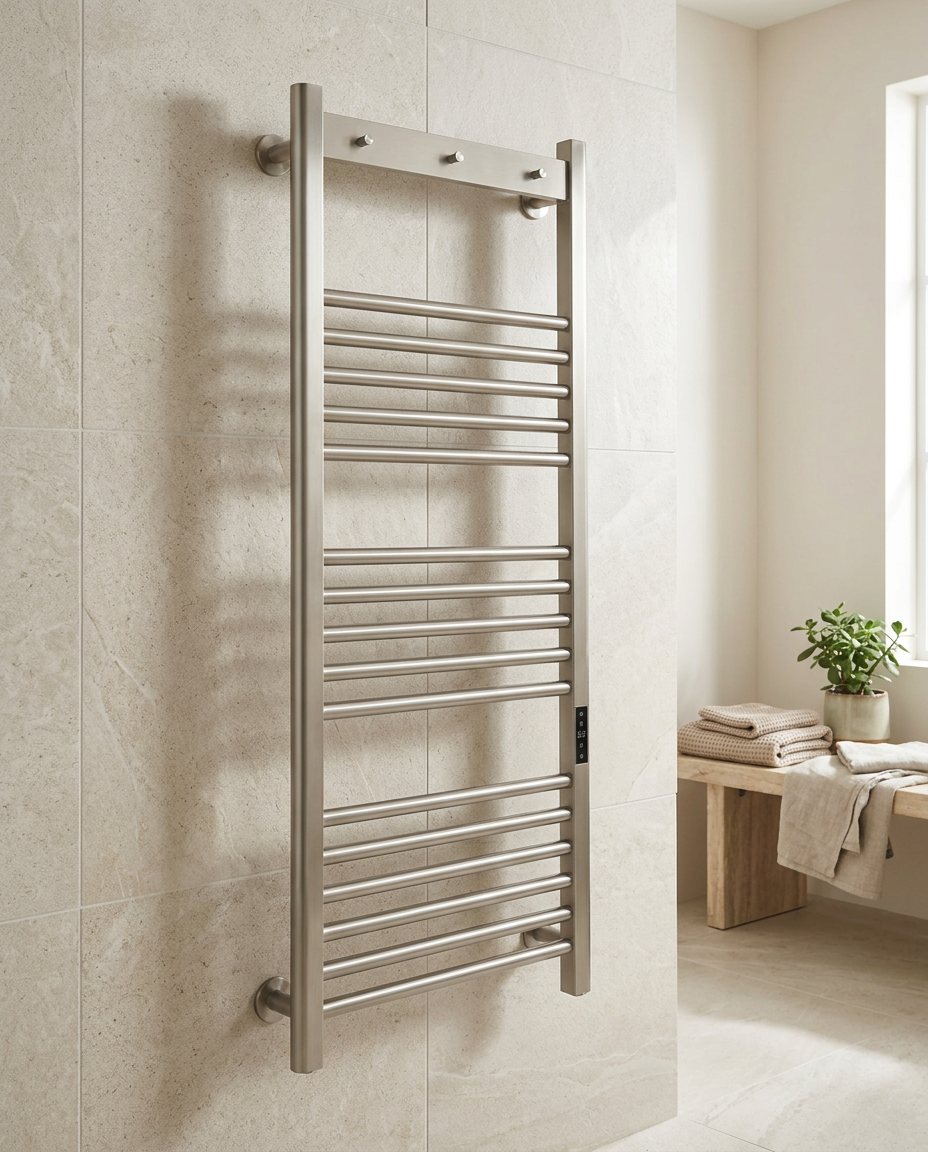 Ridley Electric Heated Towel Rail, brushed nickel in a bright modern bathroom