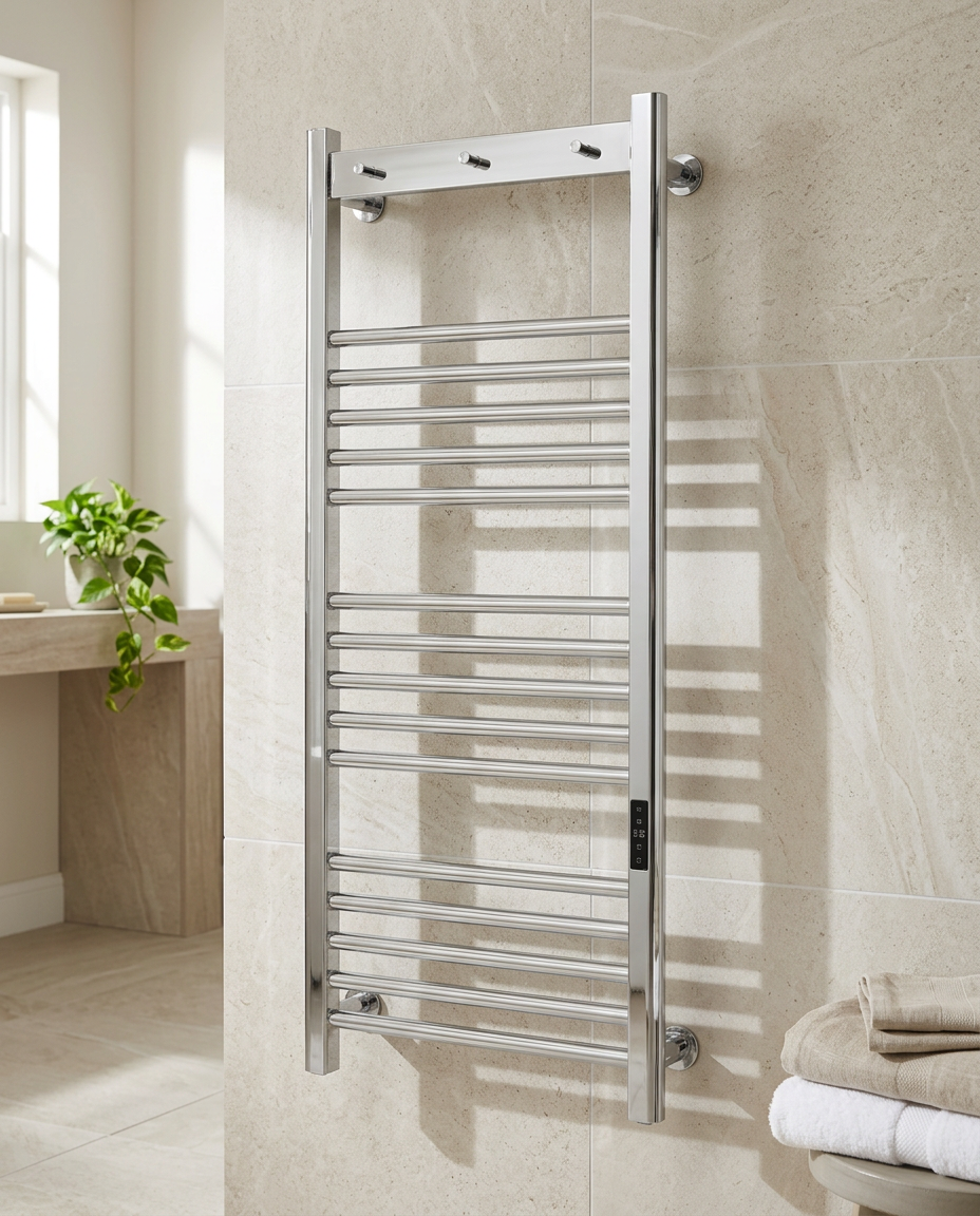 Ridley Electric Heated Towel Rail, chrome in a bright modern bathroom