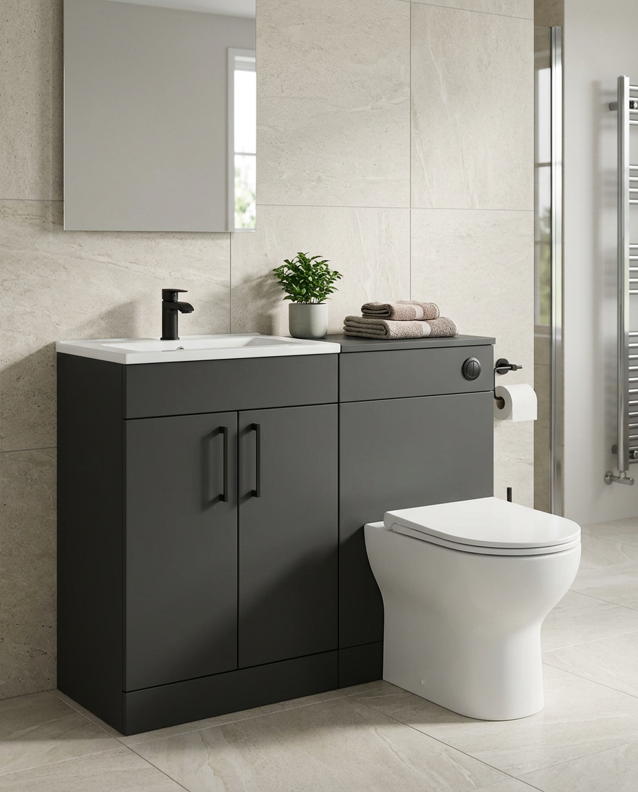 Rowan 1100mm L-Shaped Furniture Pack, matt anthracite in a bright modern bathroom