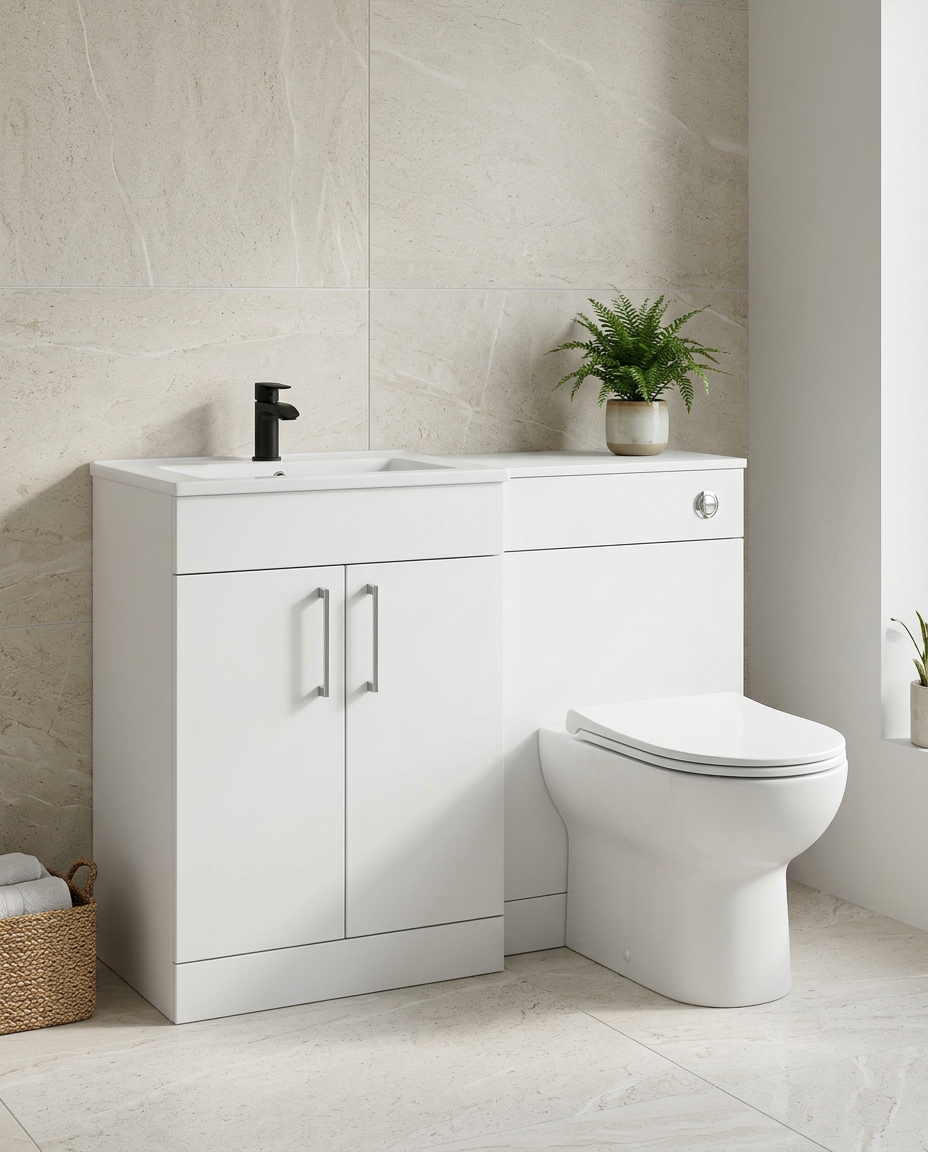 Rowan 1100mm L-Shaped Furniture Pack, matt white in a bright modern bathroom