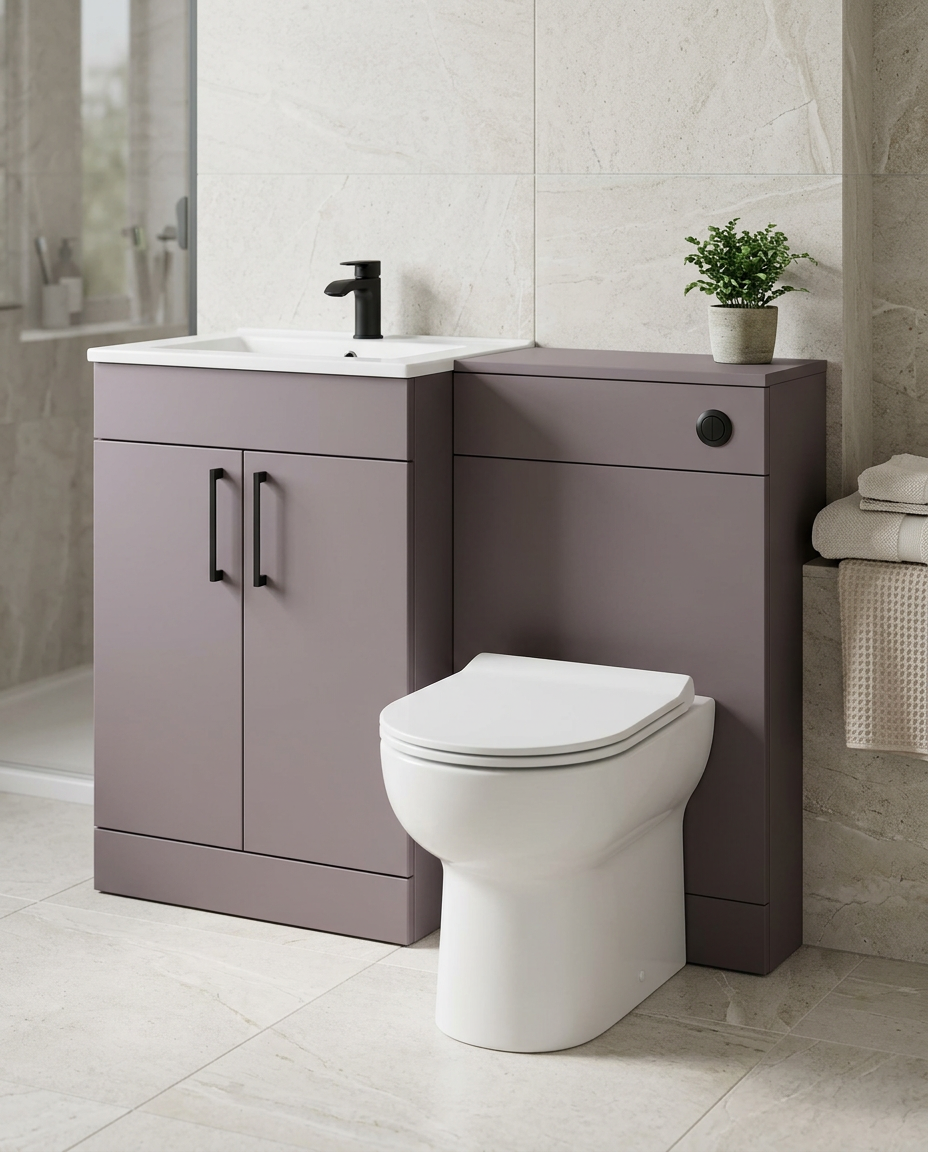 Rowan 1100mm L-Shaped Furniture Pack, slate grey in a bright modern bathroom