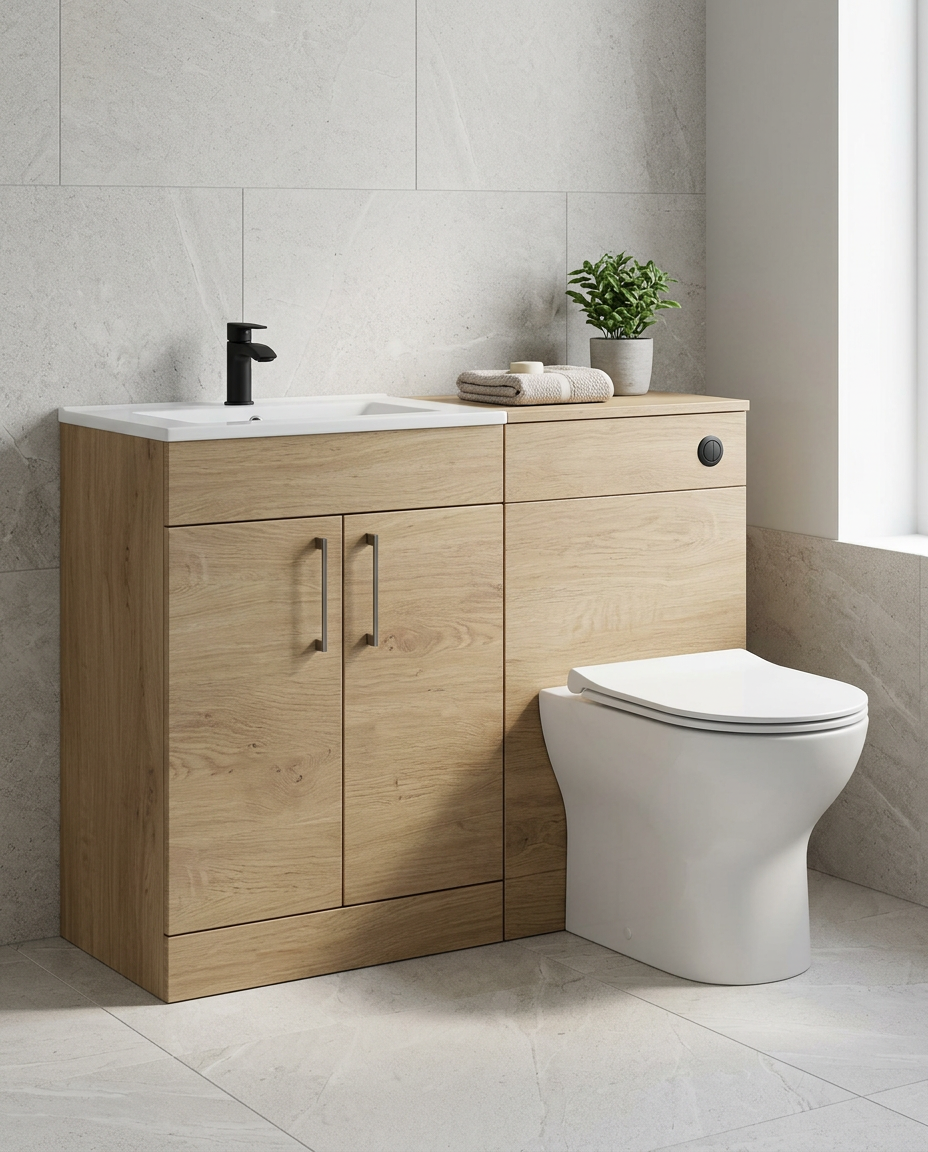 Rowan 1100mm L-Shaped Furniture Pack, torro oak in a bright modern bathroom