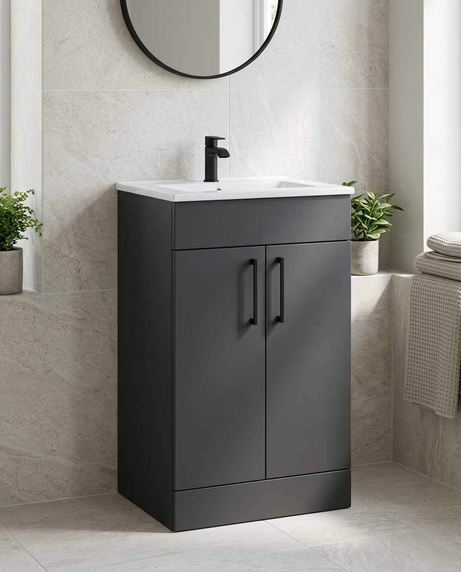 Rowan 500mm Floor Standing Vanity Unit & Basin, 2 Doors, matt anthracite in a bright modern bathroom
