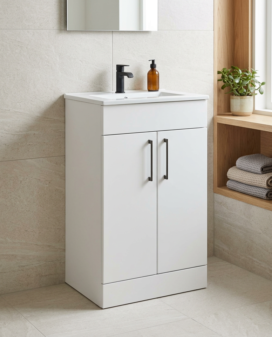 Rowan 500mm Floor Standing Vanity Unit & Basin, 2 Doors, matt white in a bright modern bathroom