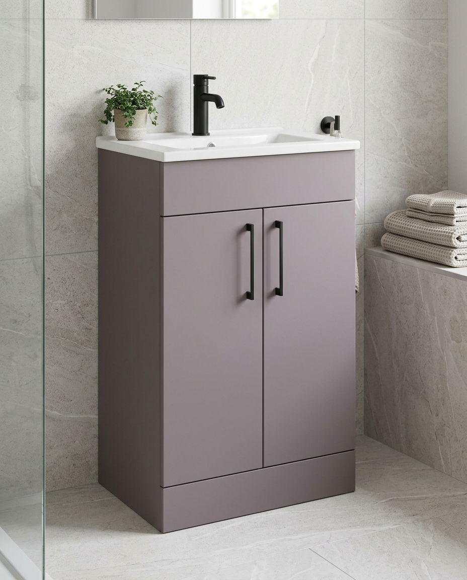 Rowan 500mm Floor Standing Vanity Unit & Basin, 2 Doors, slate grey in a bright modern bathroom
