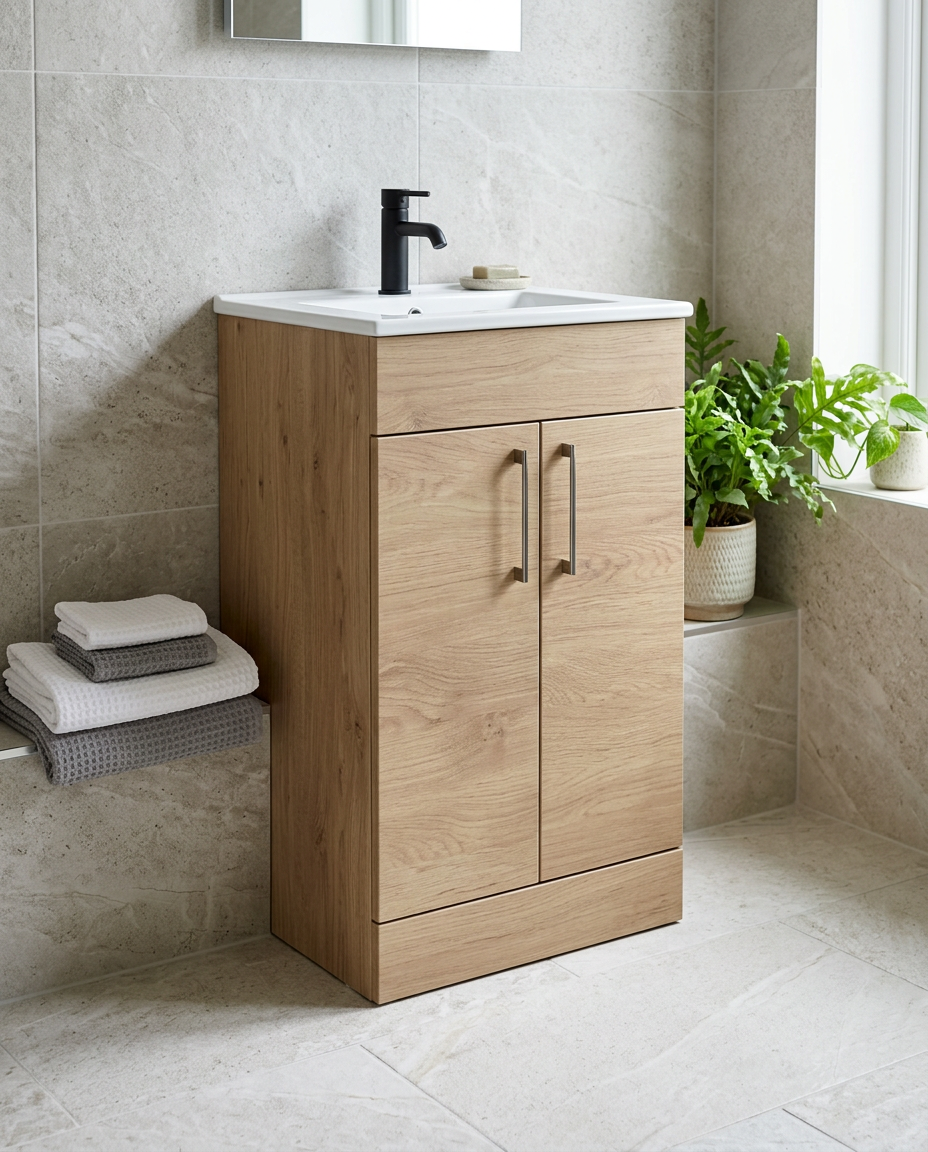 Rowan 500mm Floor Standing Vanity Unit & Basin, 2 Doors, torro oak in a bright modern bathroom
