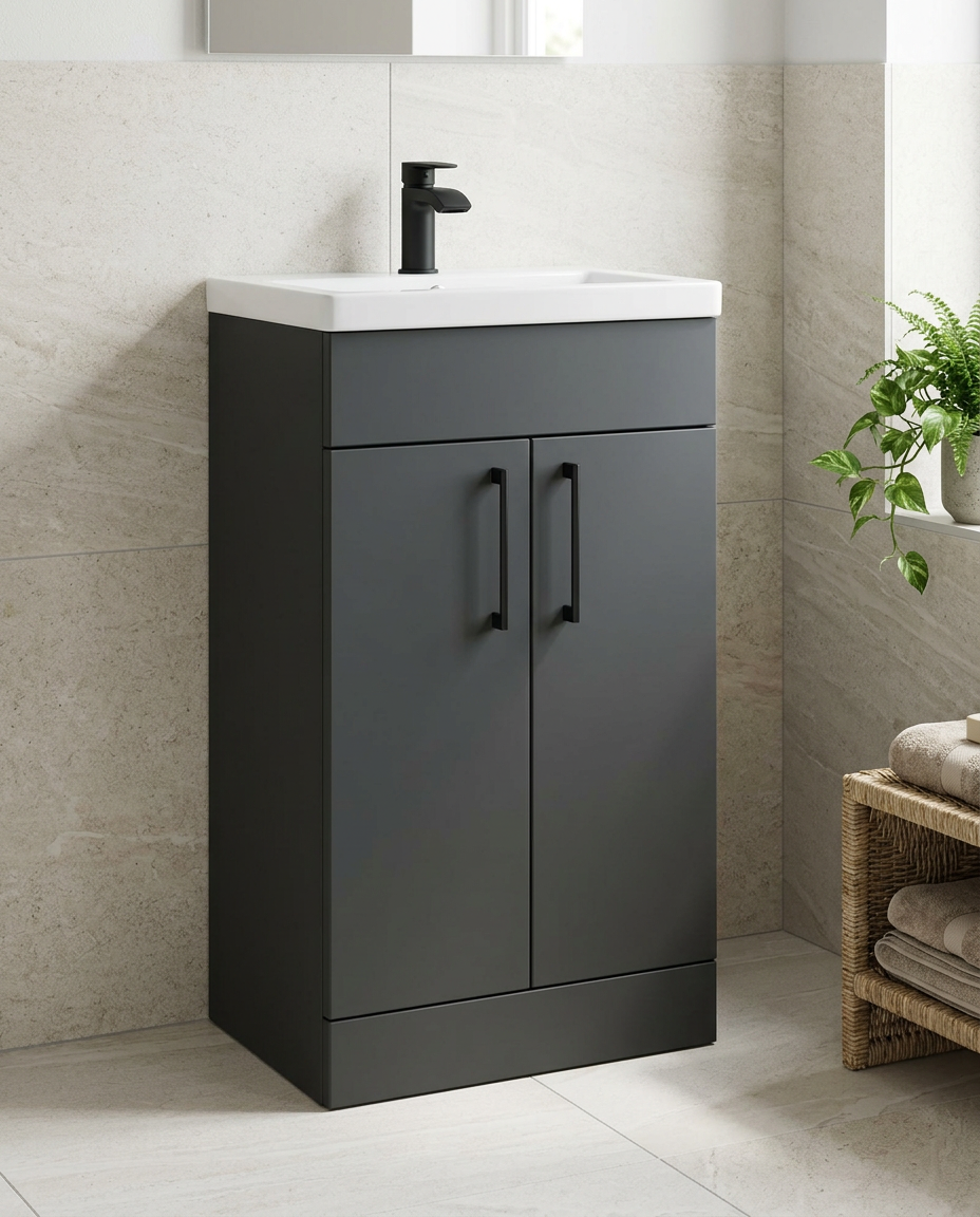 Rowan 500mm Slimline Vanity Unit & Basin, 2 Doors, matt anthracite in a bright modern bathroom