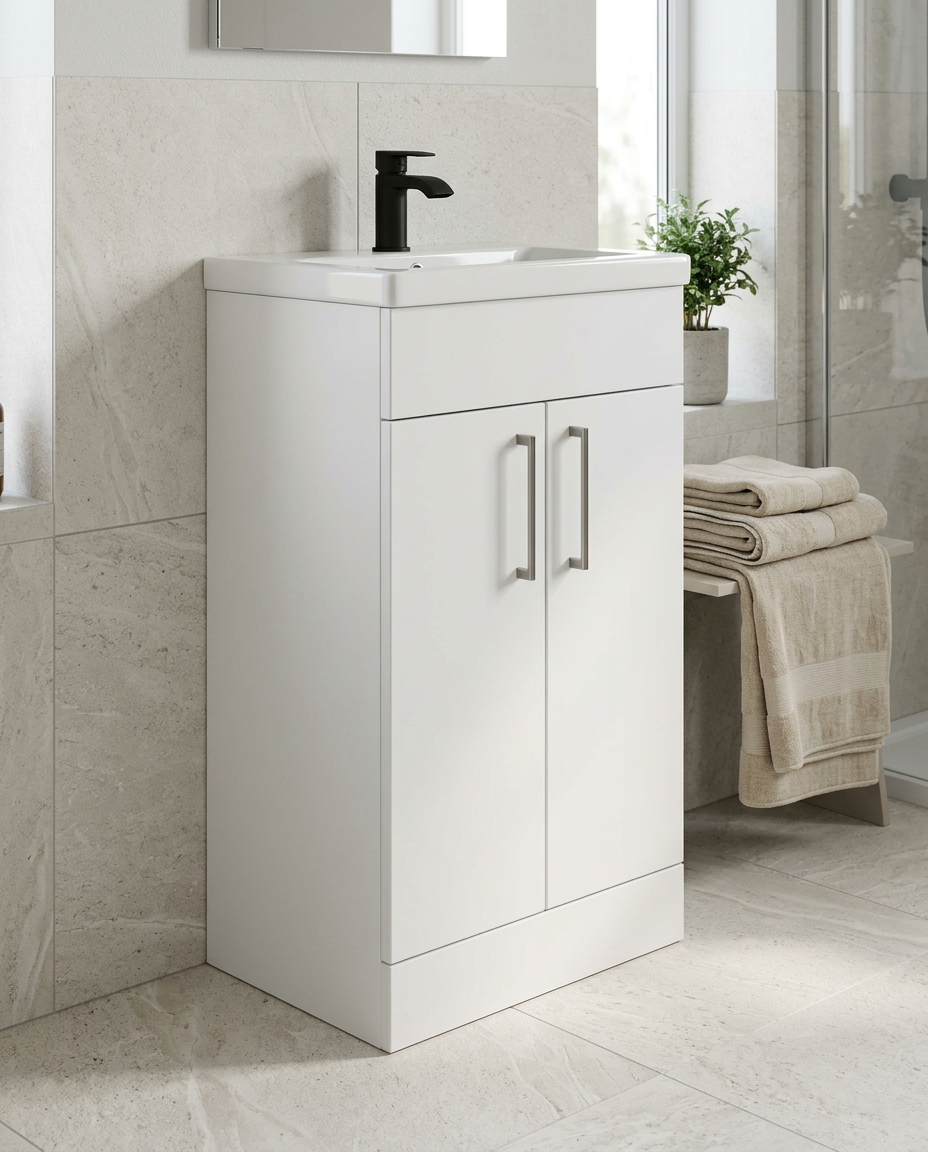 Rowan 500mm Slimline Vanity Unit & Basin, 2 Doors, matt white in a bright modern bathroom