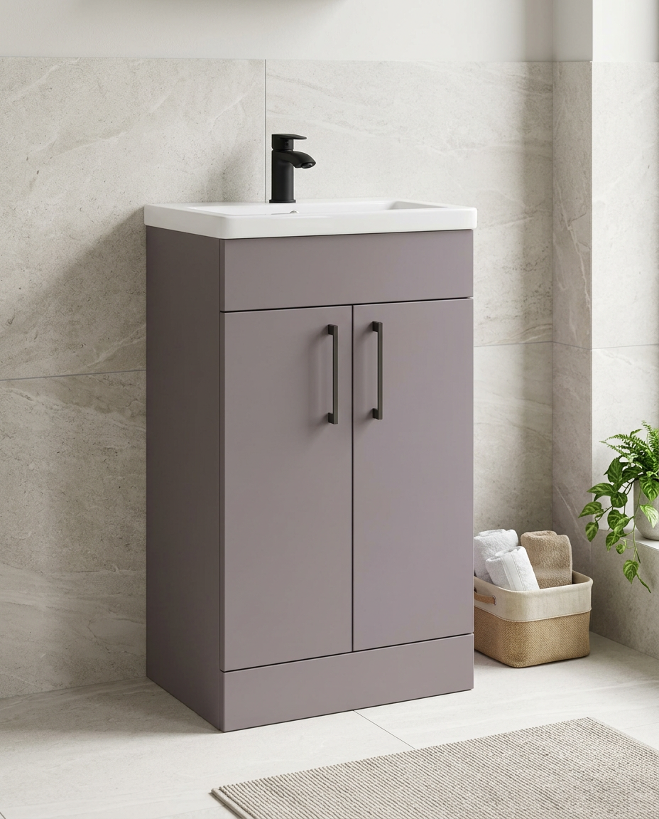 Rowan 500mm Slimline Vanity Unit & Basin, 2 Doors, slate grey in a bright modern bathroom