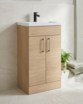 Rowan 500mm Slimline Vanity Unit & Basin, 2 Doors, torro oak in a bright modern bathroom