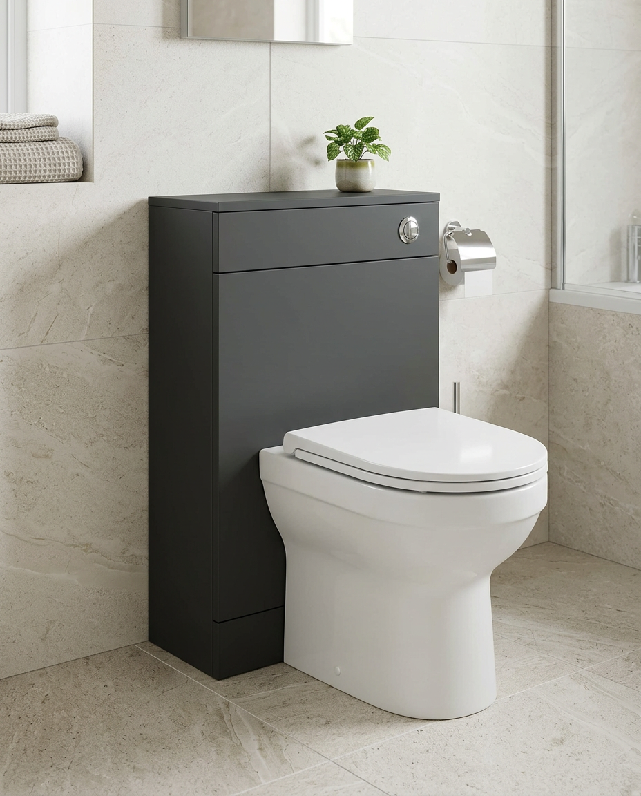 Rowan 500mm WC Unit, matt anthracite in a bright modern bathroom