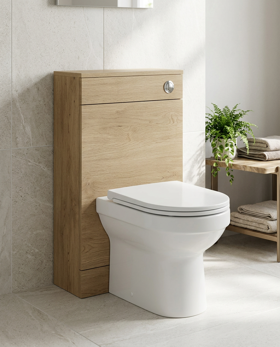 Rowan 500mm WC Unit, torro oak in a bright modern bathroom