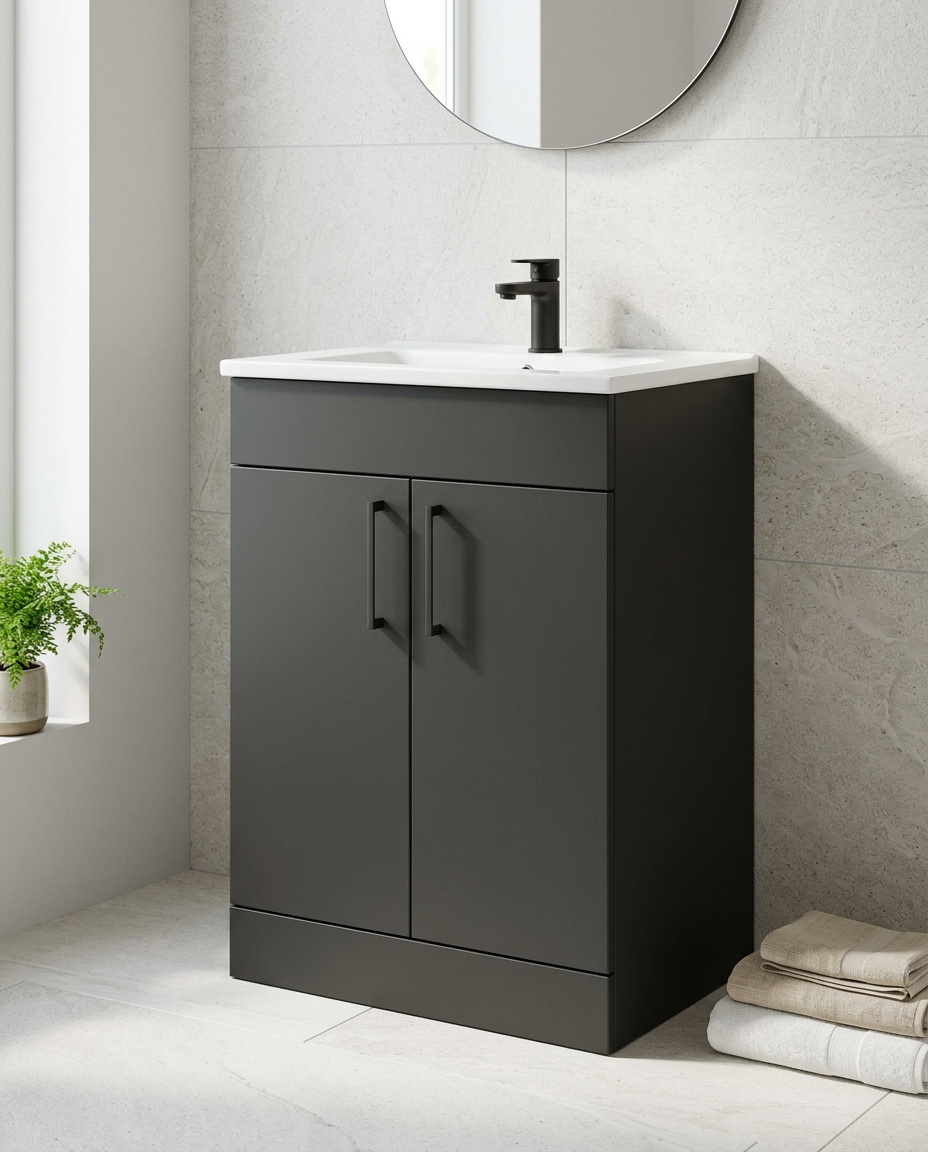 Rowan 600mm Floor Standing Vanity Unit & Basin, 2 Doors, matt anthracite in a bright modern bathroom