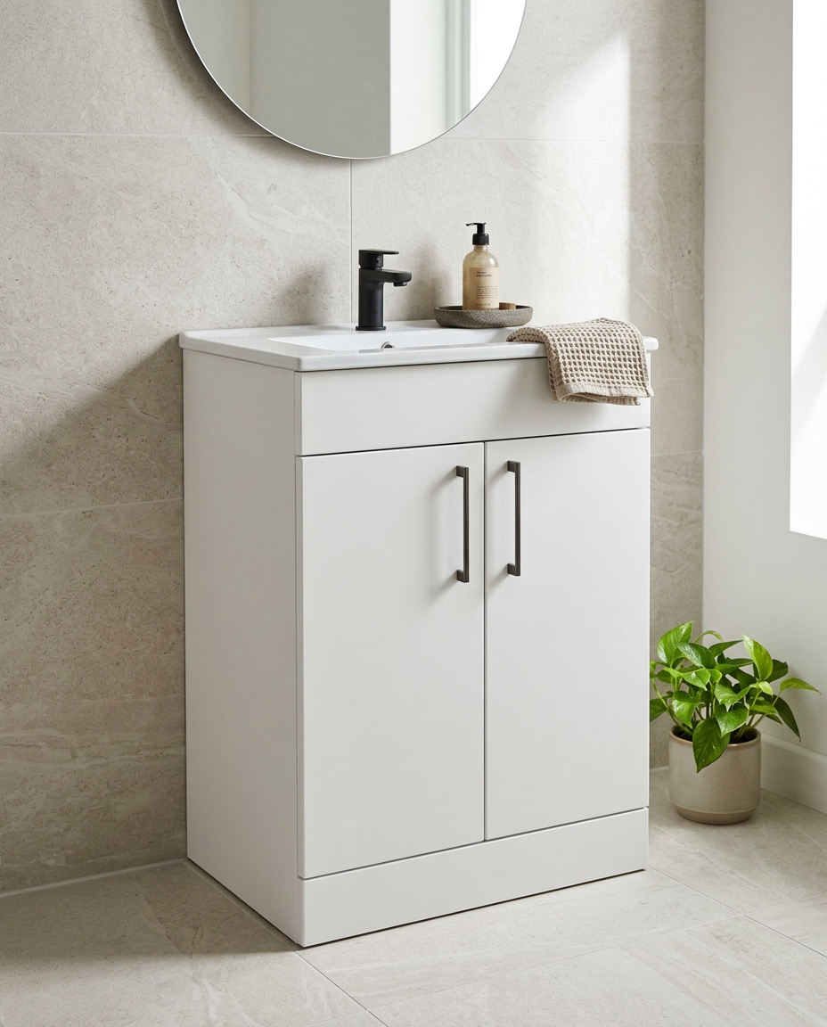 Rowan 600mm Floor Standing Vanity Unit & Basin, 2 Doors, matt white in a bright modern bathroom
