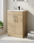 Rowan 600mm Floor Standing Vanity Unit & Basin, 2 Doors, torro oak in a bright modern bathroom