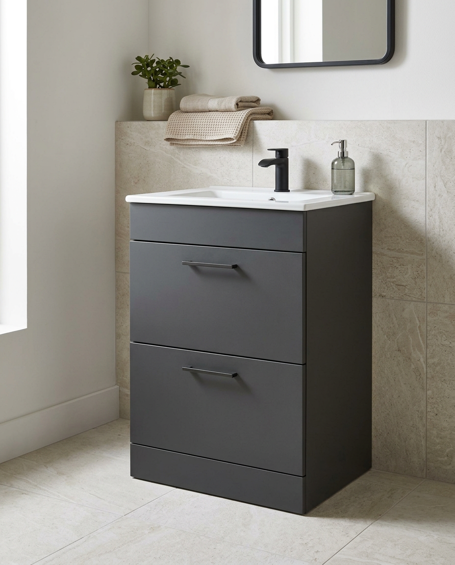 Rowan 600mm Floor Standing Vanity Unit & Basin, 2 Drawers, matt anthracite in a bright modern bathroom