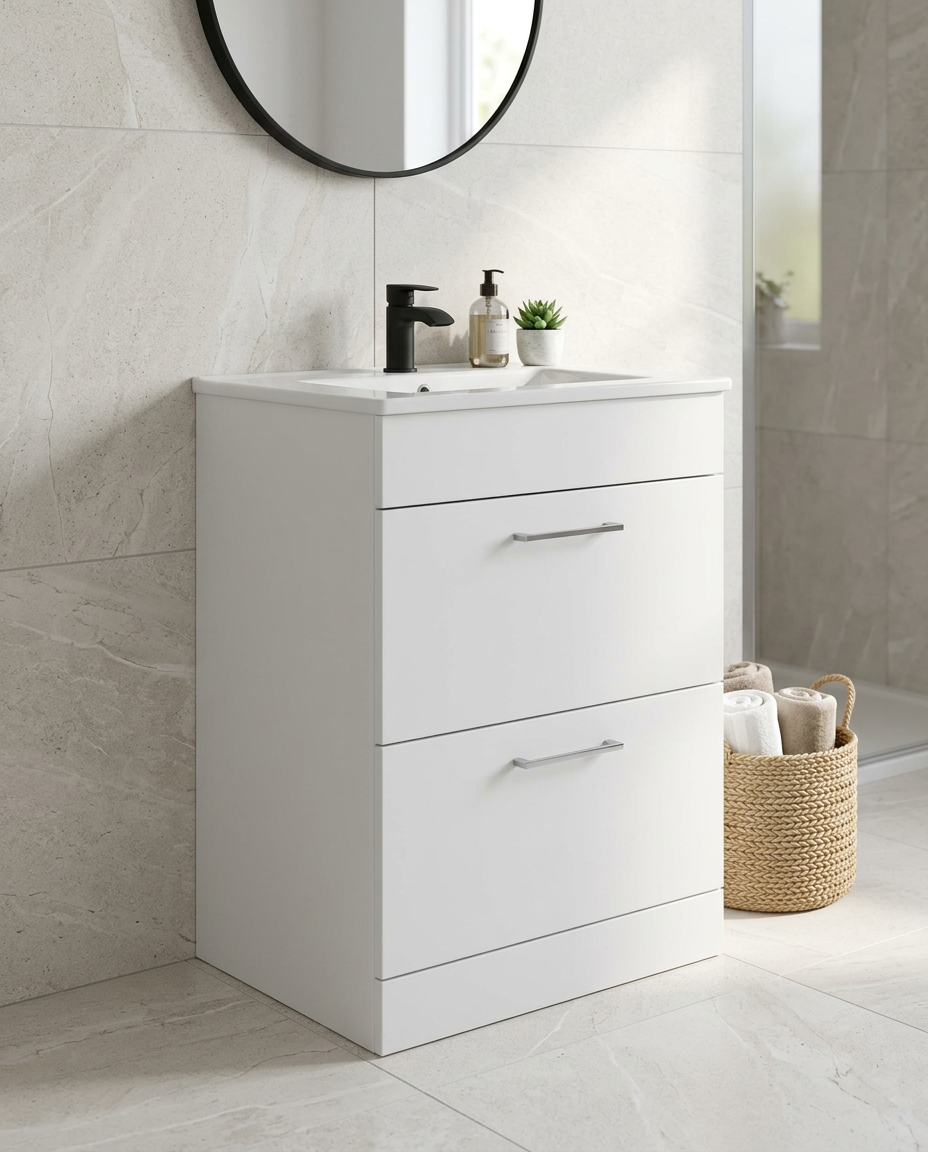 Rowan 600mm Floor Standing Vanity Unit & Basin, 2 Drawers, matt white in a bright modern bathroom