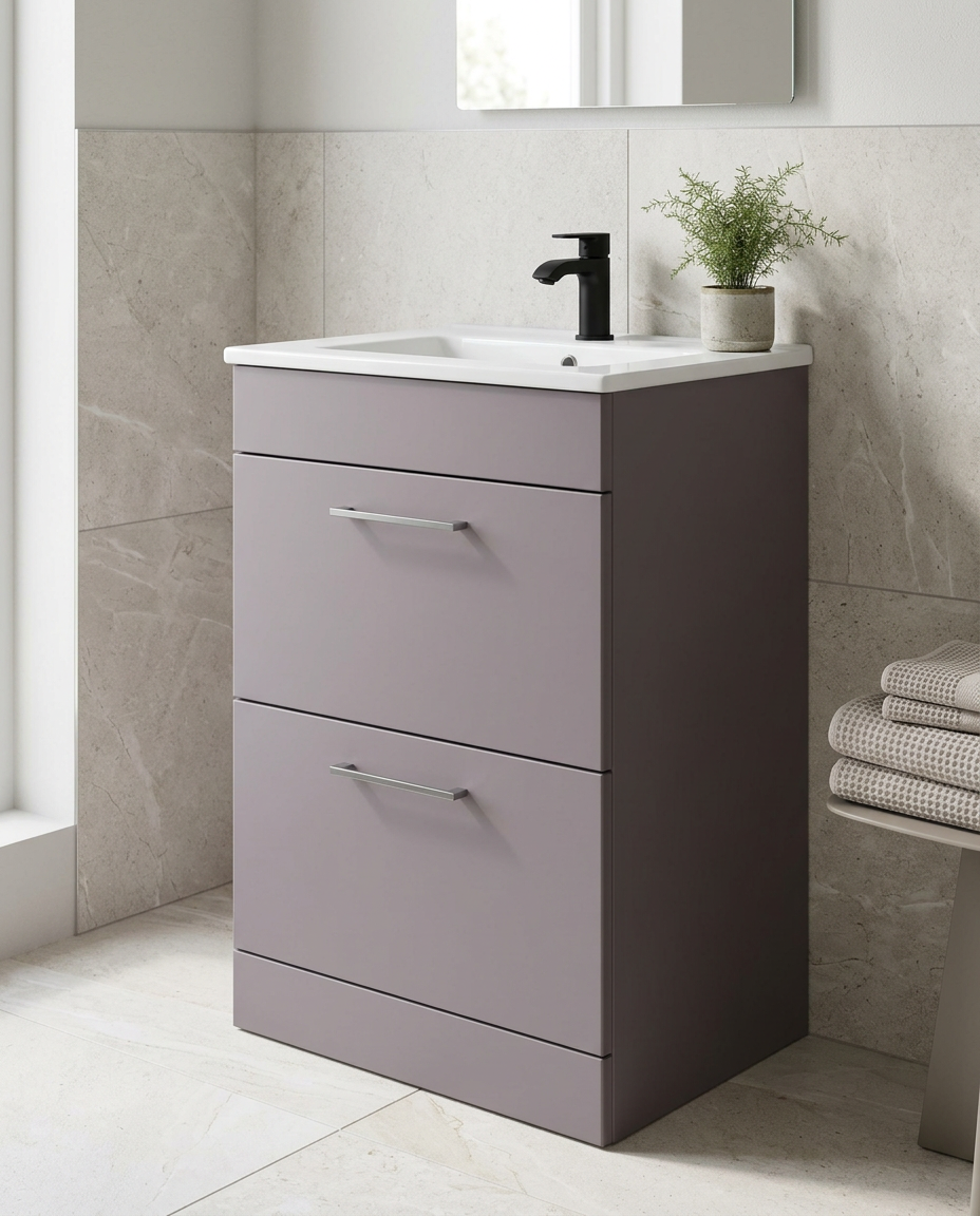Rowan 600mm Floor Standing Vanity Unit & Basin, 2 Drawers, slate grey in a bright modern bathroom