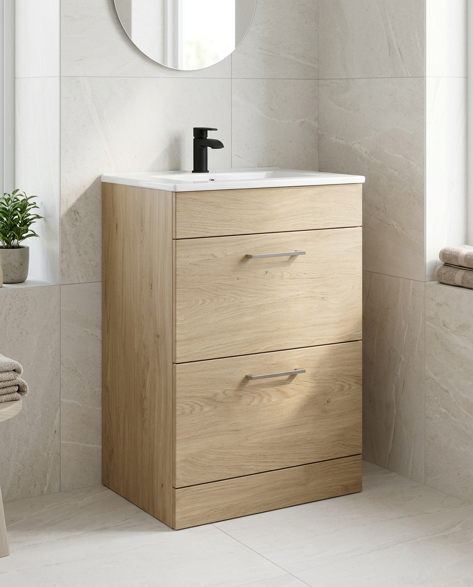 Rowan 600mm Floor Standing Vanity Unit & Basin, 2 Drawers, torro oak in a bright modern bathroom