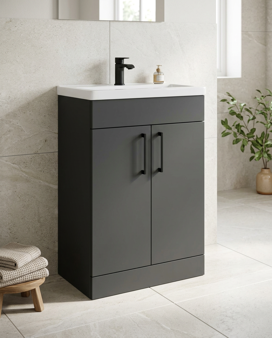 Rowan 600mm Slimline Vanity Unit & Basin, 2 Doors, matt anthracite in a bright modern bathroom