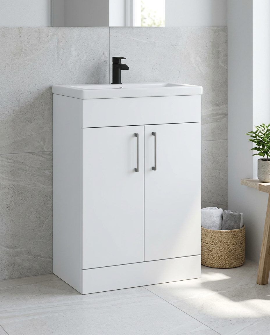 Rowan 600mm Slimline Vanity Unit & Basin, 2 Doors, matt white in a bright modern bathroom