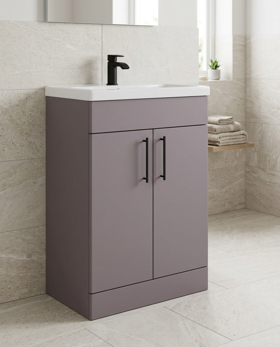 Rowan 600mm Slimline Vanity Unit & Basin, 2 Doors, slate grey in a bright modern bathroom