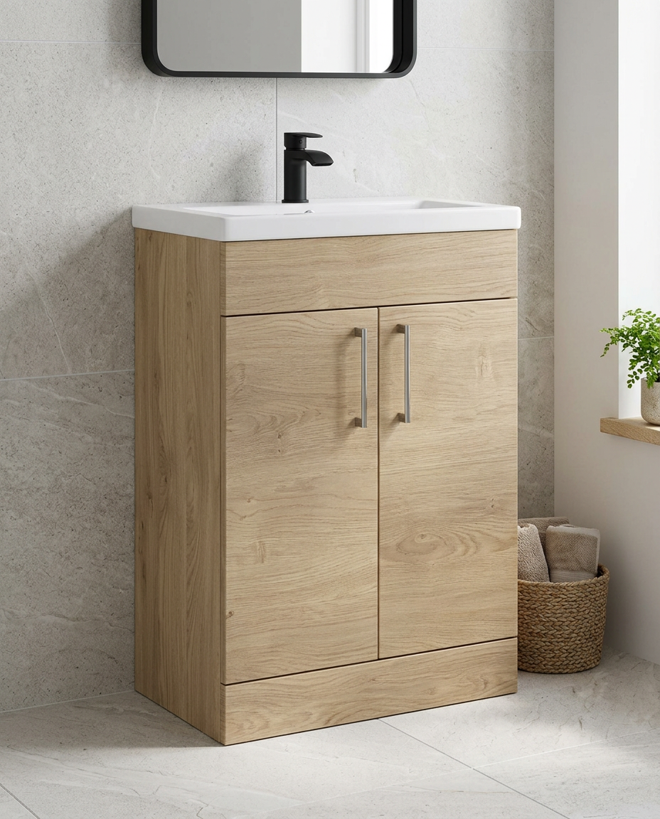 Rowan 600mm Slimline Vanity Unit & Basin, 2 Doors, torro oak in a bright modern bathroom
