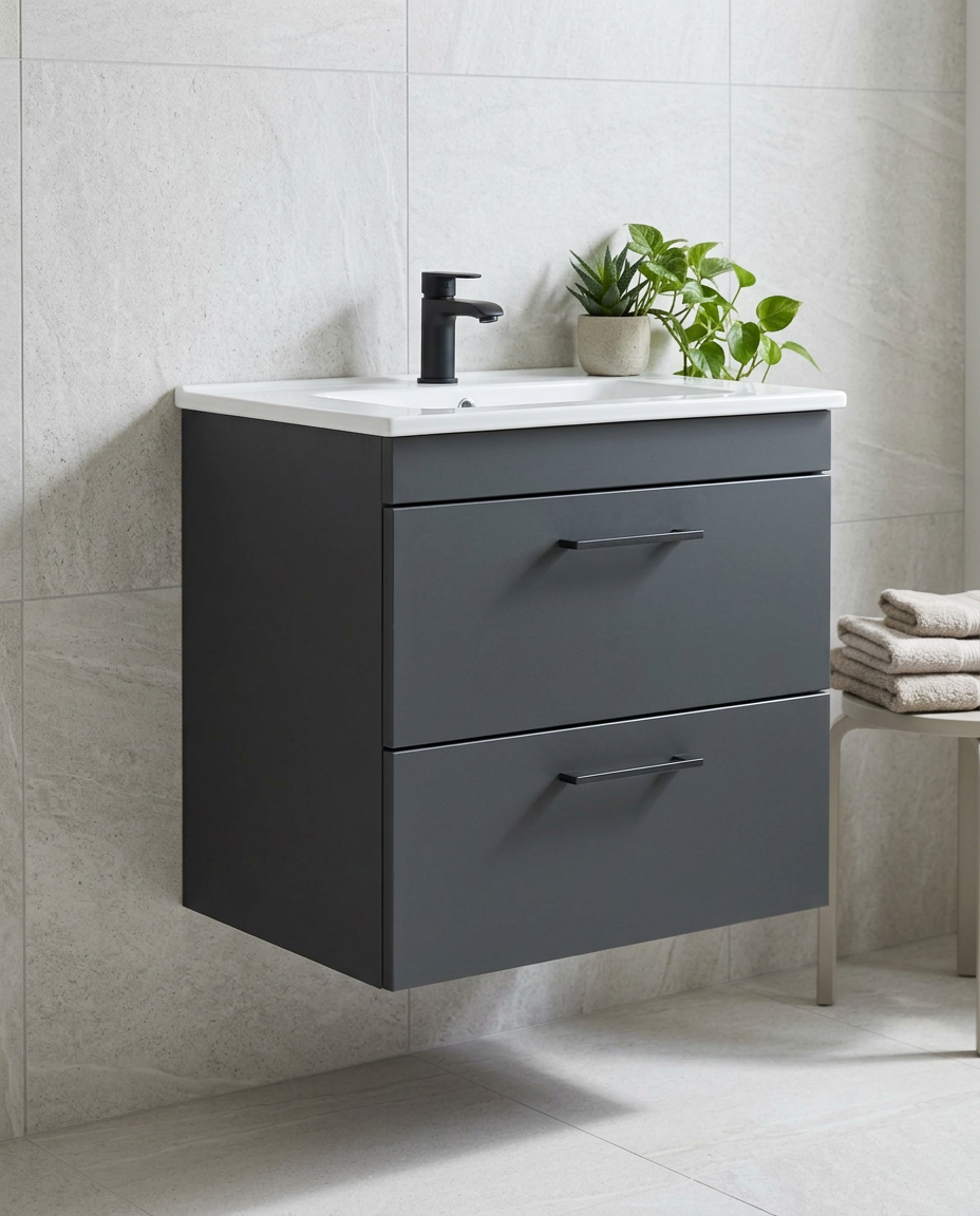 Rowan 600mm Wall Hung Vanity Unit & Basin, 2 Drawers, matt anthracite in a bright modern bathroom