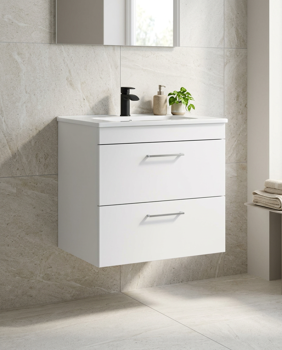 Rowan 600mm Wall Hung Vanity Unit & Basin, 2 Drawers, matt white in a bright modern bathroom