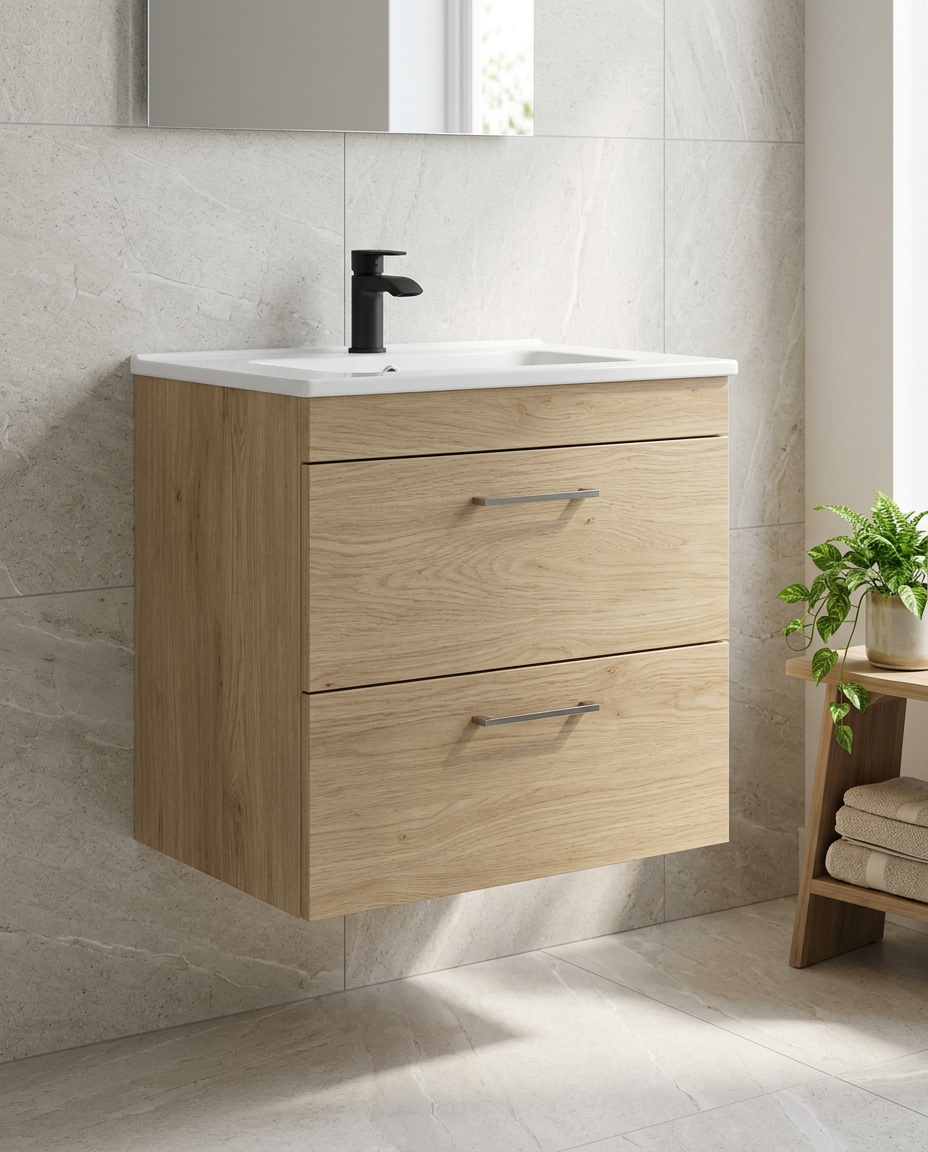 Rowan 600mm Wall Hung Vanity Unit & Basin, 2 Drawers, torro oak in a bright modern bathroom