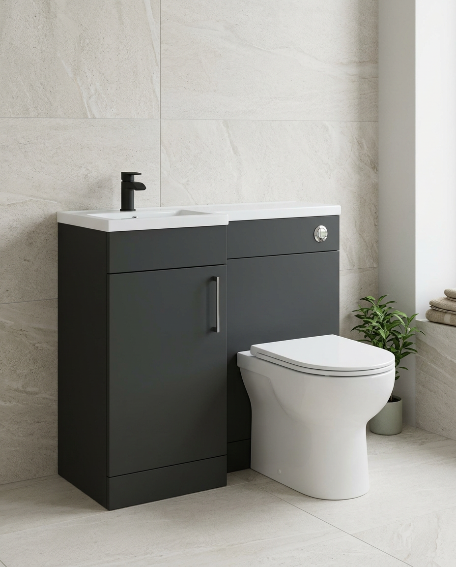 Rowan 900mm L-Shaped Furniture Pack, matt anthracite in a bright modern bathroom