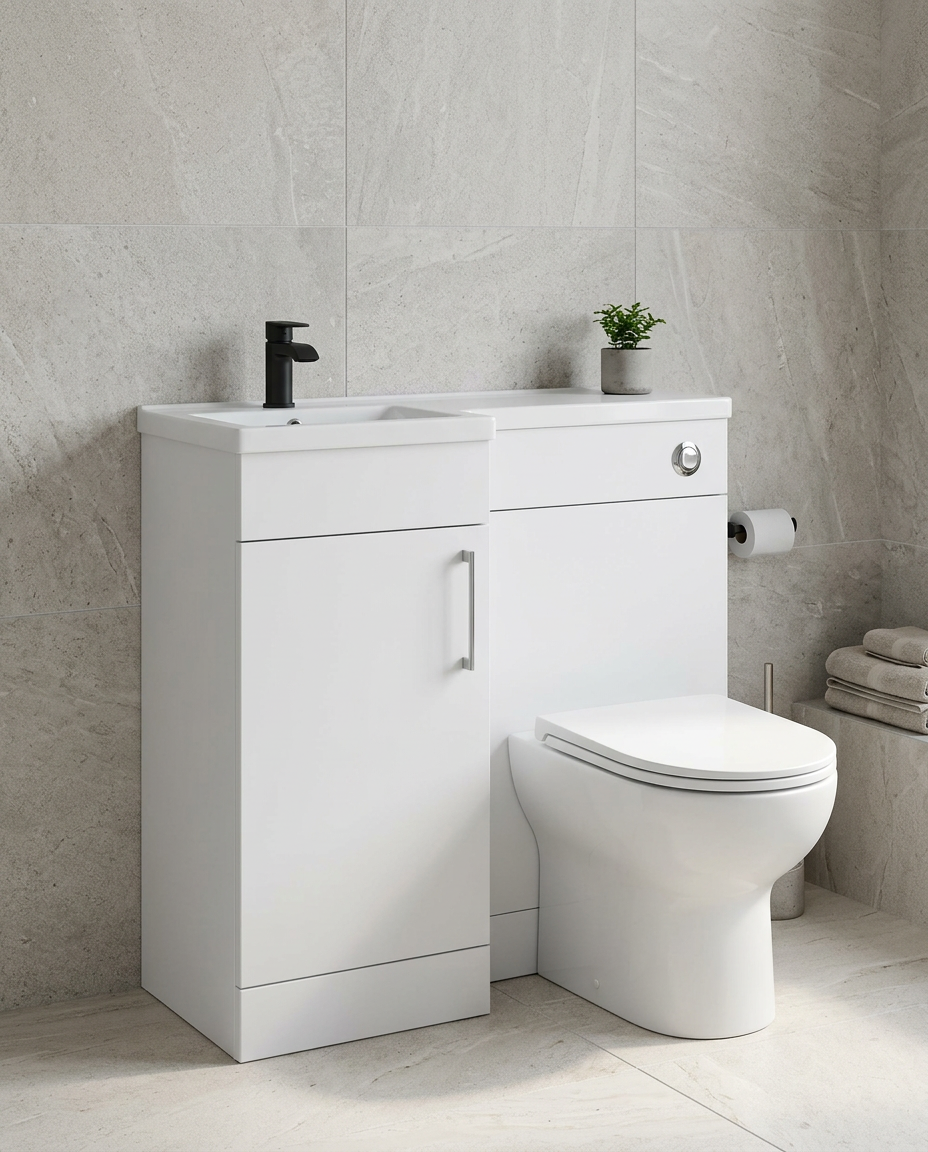 Rowan 900mm L-Shaped Furniture Pack, matt white in a bright modern bathroom