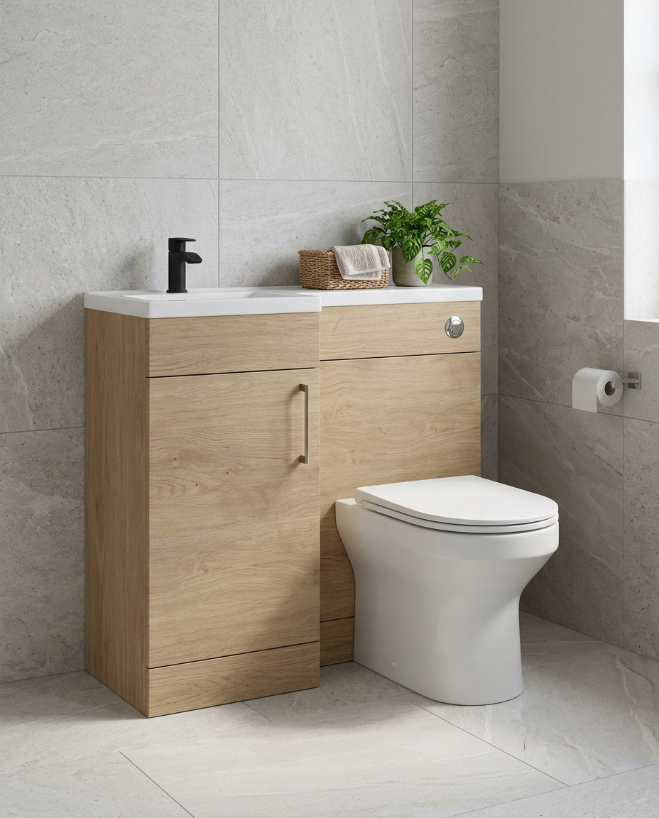Rowan 900mm L-Shaped Furniture Pack, torro oak in a bright modern bathroom